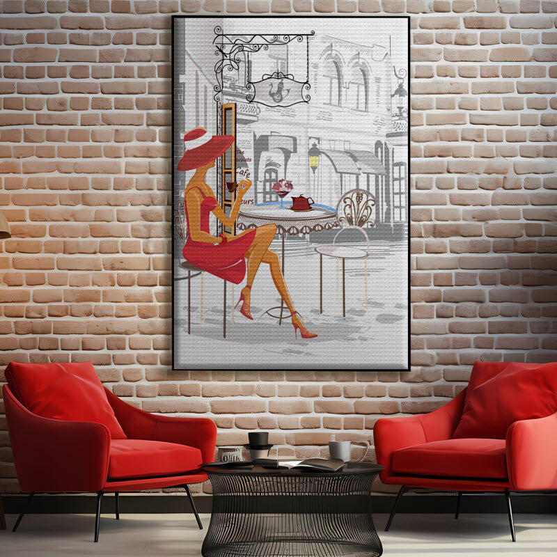 Akustikstoff mit Motiv: Modische Frau im Cafe