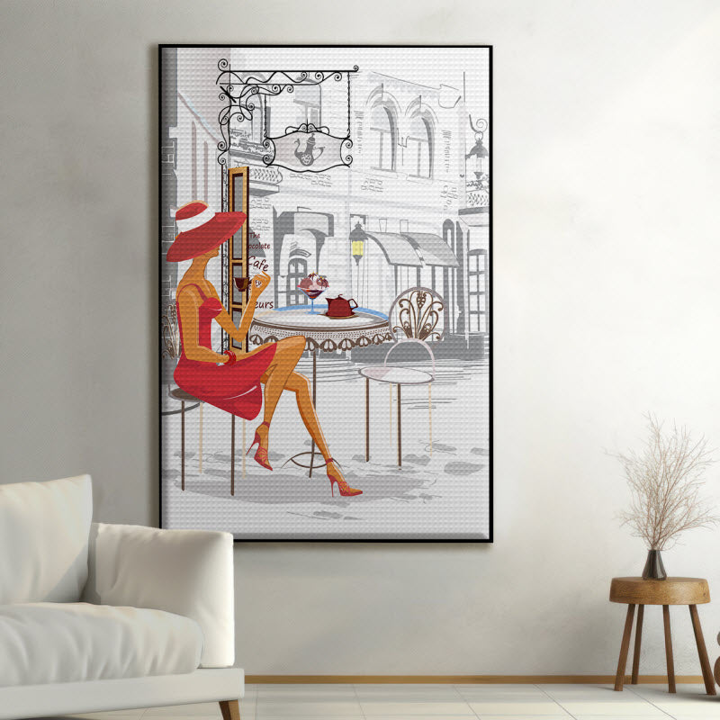 Akustikstoff mit Motiv: Modische Frau im Cafe