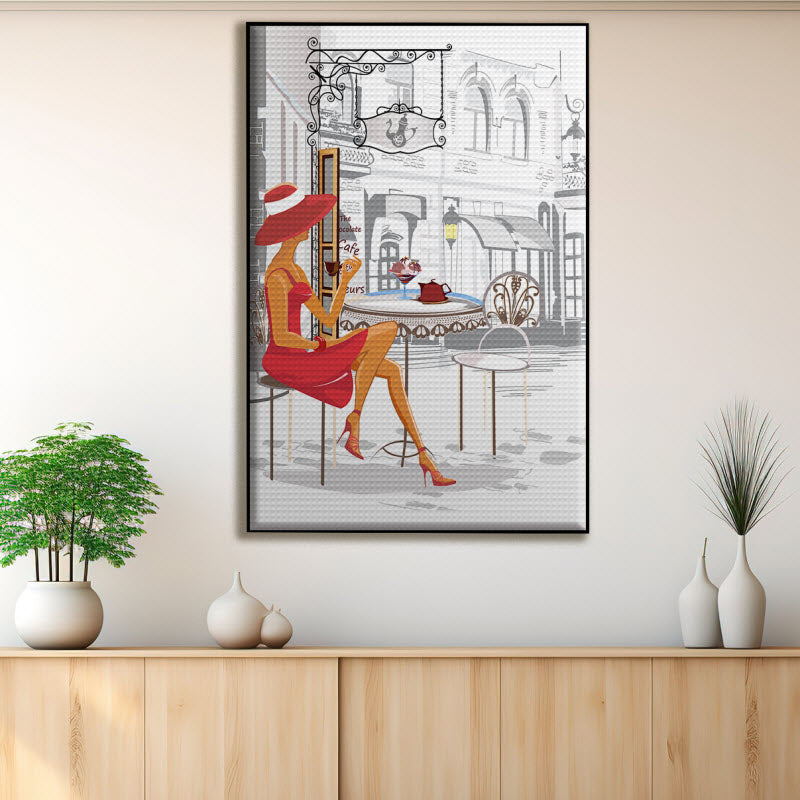 Akustikstoff mit Motiv: Modische Frau im Cafe