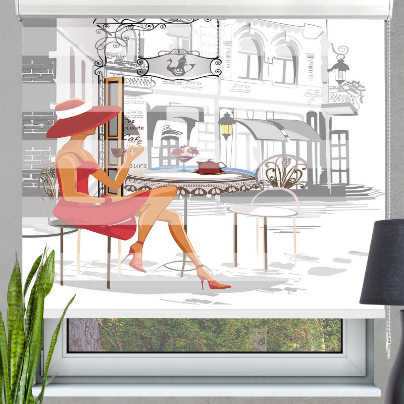 Doppelrollo mit Motiv: Modische Frau im Cafe