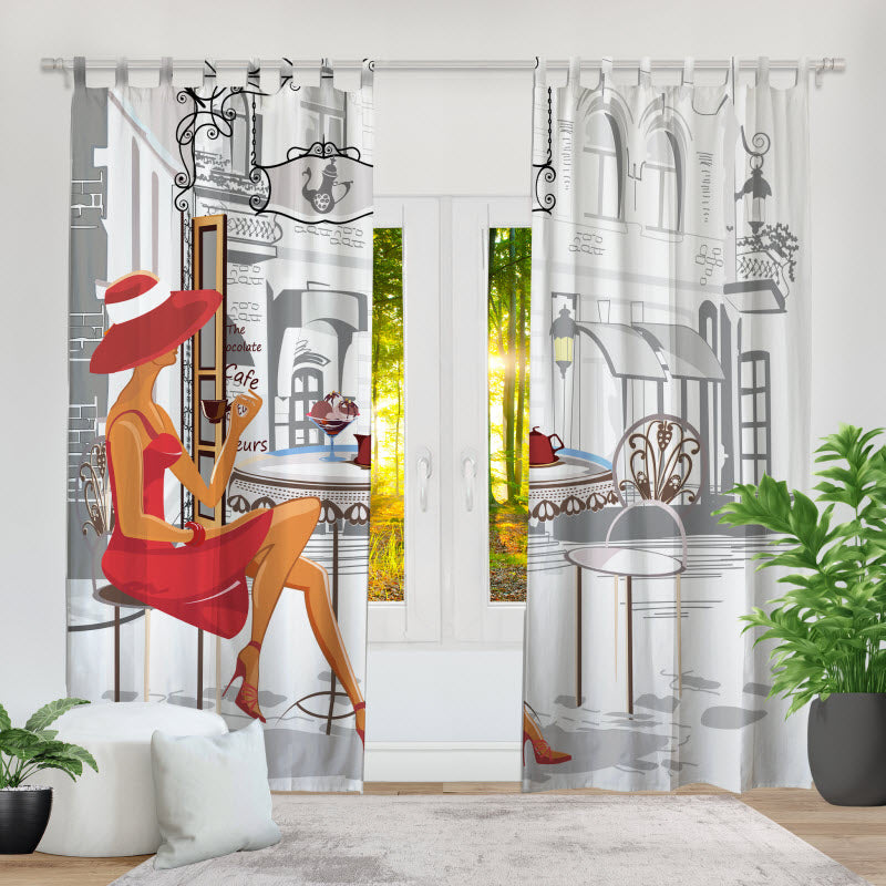 Fotovorhang: Modische Frau im Cafe