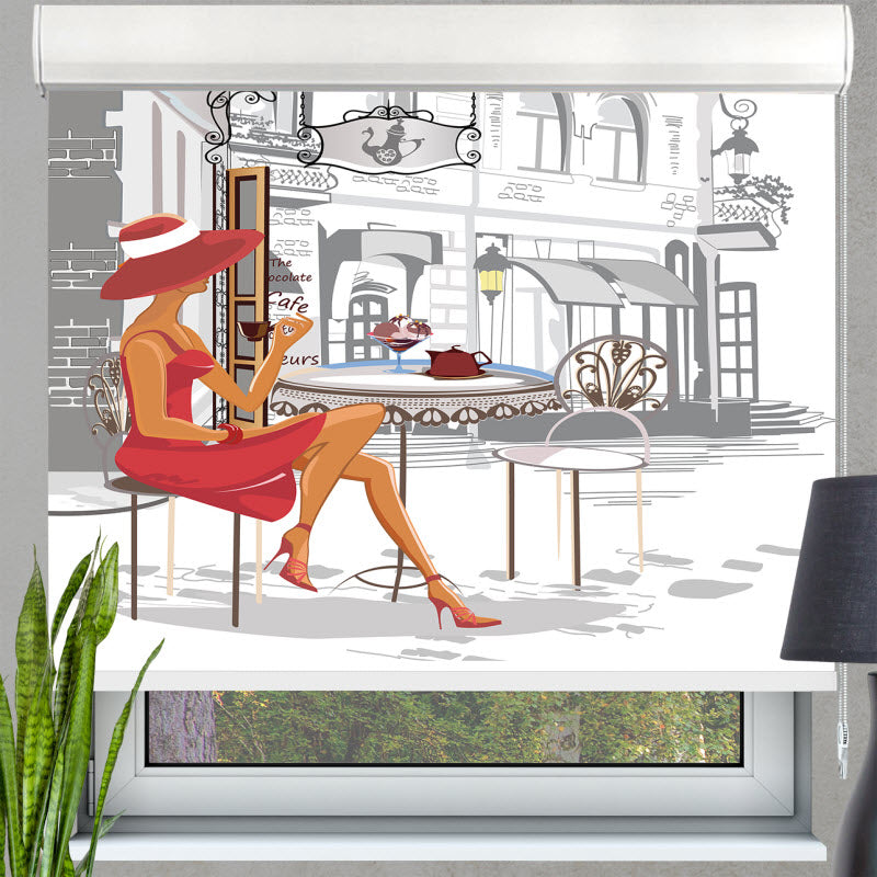 Kassettenrollo mit Motiv: Modische Frau im Cafe