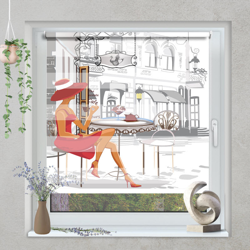 Klemmfix Doppelrollo mit Motiv: Modische Frau im Cafe