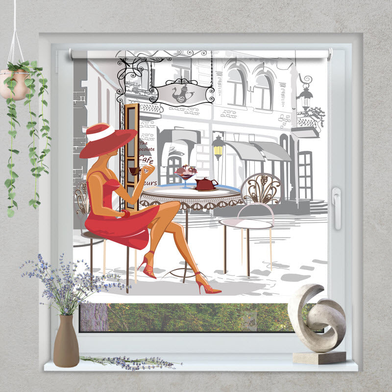 Klemmfix Rollo mit Motiv: Modische Frau im Cafe