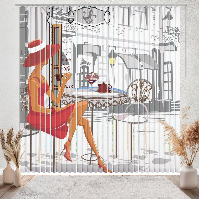 Lamellenvorhang mit Motiv: Modische Frau im Cafe