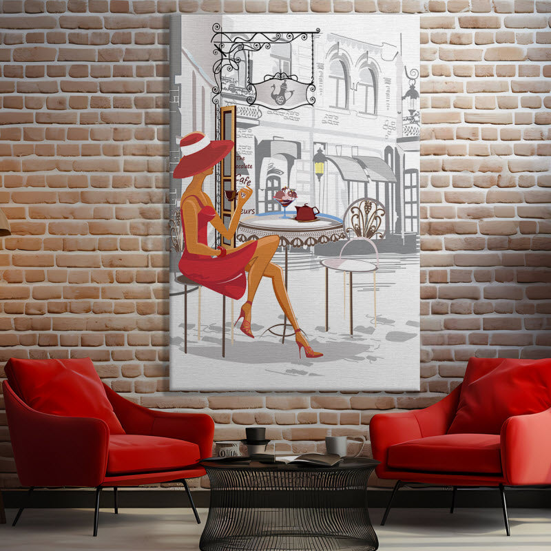 Leinwand mit Motiv: Modische Frau im Cafe
