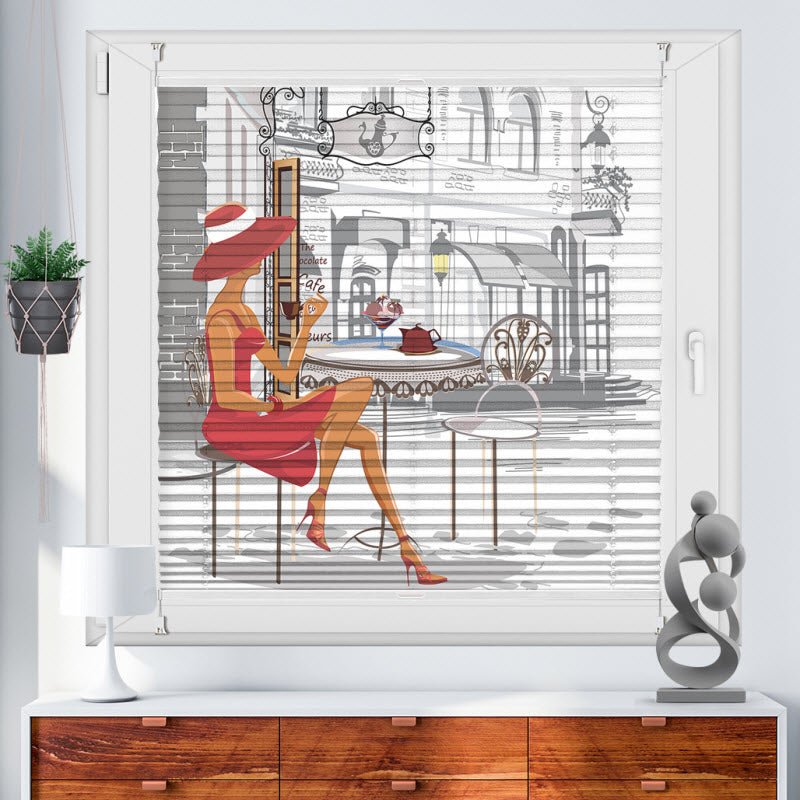 Wabenplissee mit Motiv: Modische Frau im Cafe