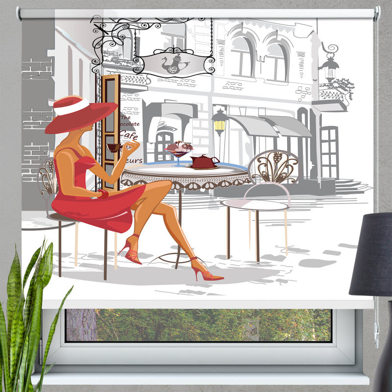 Rollo mit Motiv: Modische Frau im Cafe