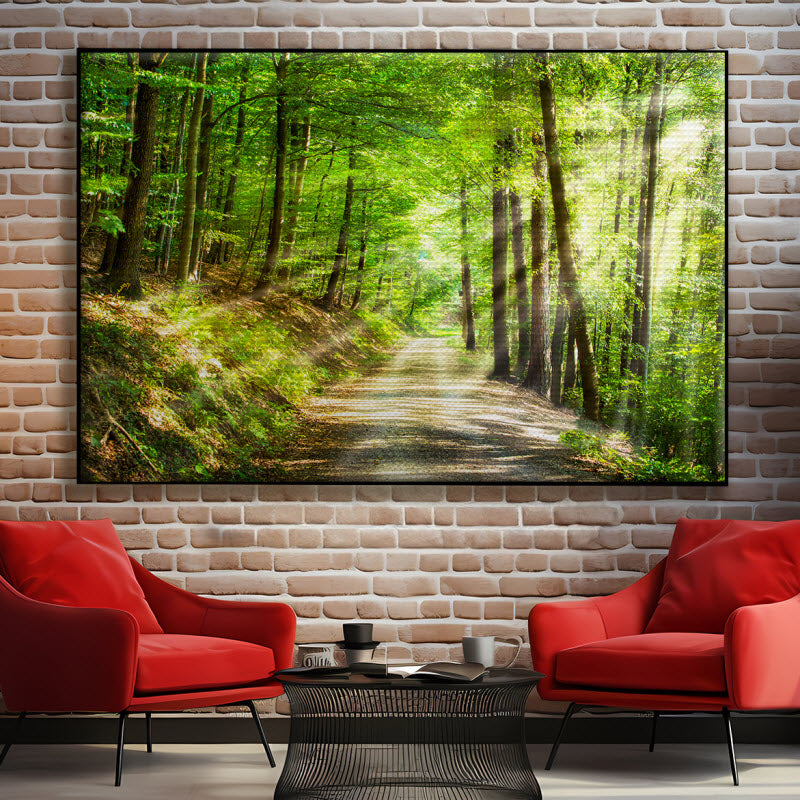 Akustikstoff mit Motiv: Waldweg mit Sonnenstrahlen