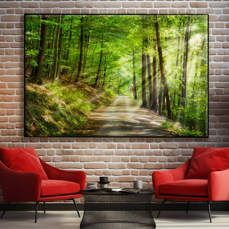 Textilspannrahmen mit Motiv: Waldweg mit Sonnenstrahlen