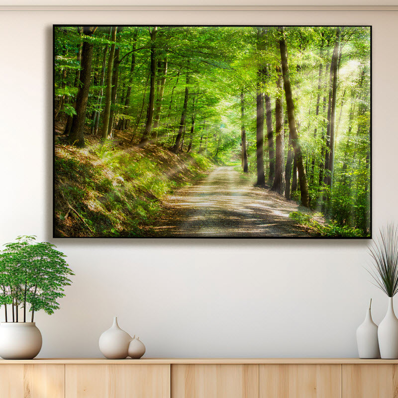 Textilspannrahmen mit Motiv: Waldweg mit Sonnenstrahlen