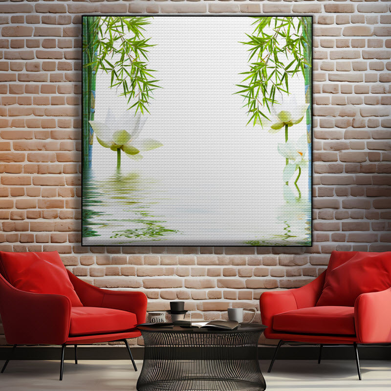 Akustikstoff mit Motiv: Bambus mit weißen Seerosen