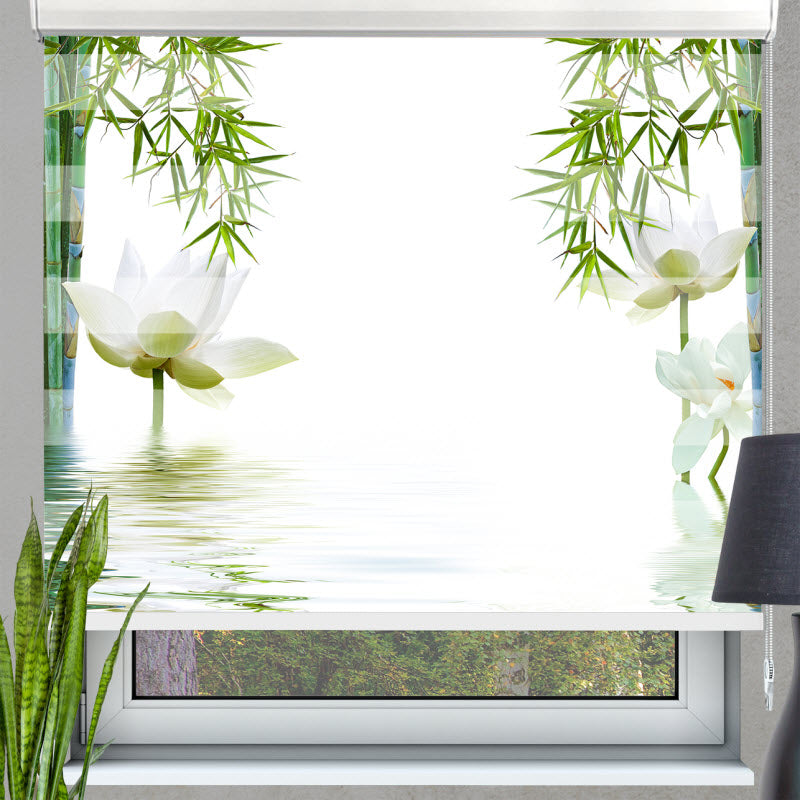 Doppelrollo mit Motiv: Bambus mit weißen Seerosen