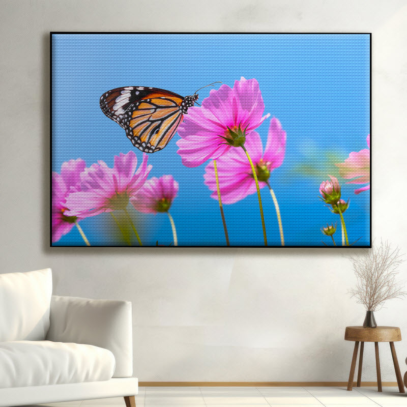 Akustikstoff mit Motiv: Schmetterling auf Kosmosblume