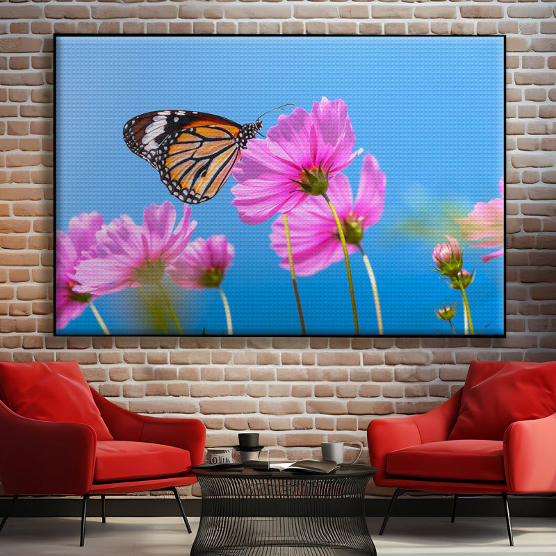 Akustikstoff mit Motiv: Schmetterling auf Kosmosblume