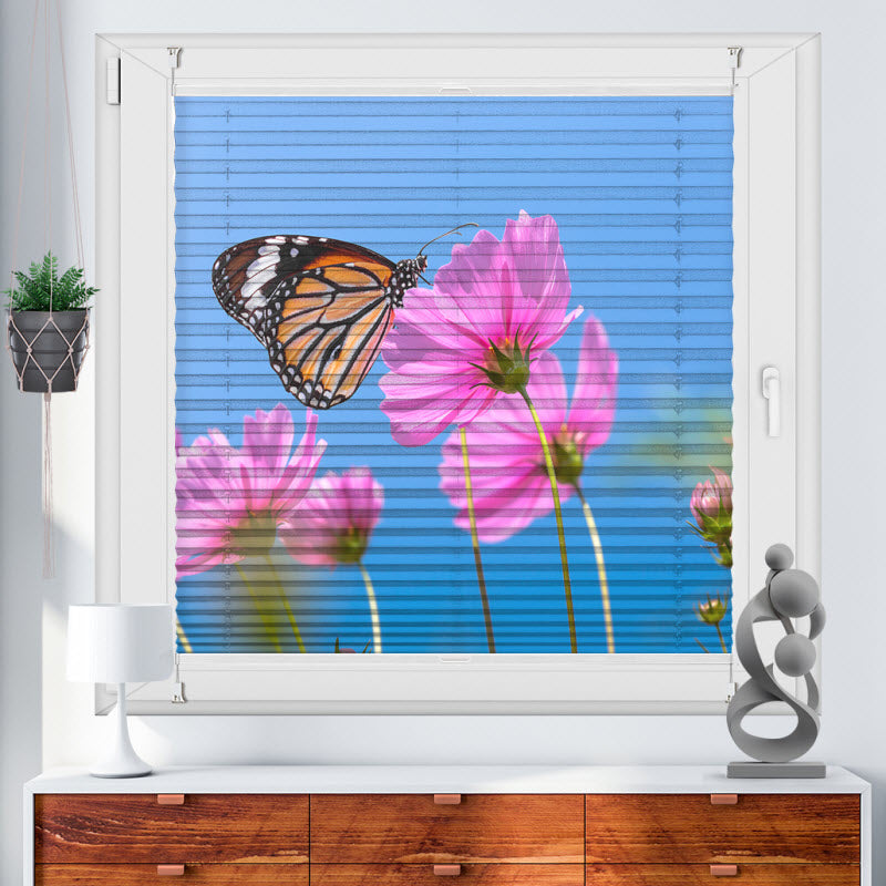 Wabenplissee mit Motiv: Schmetterling auf Kosmosblume