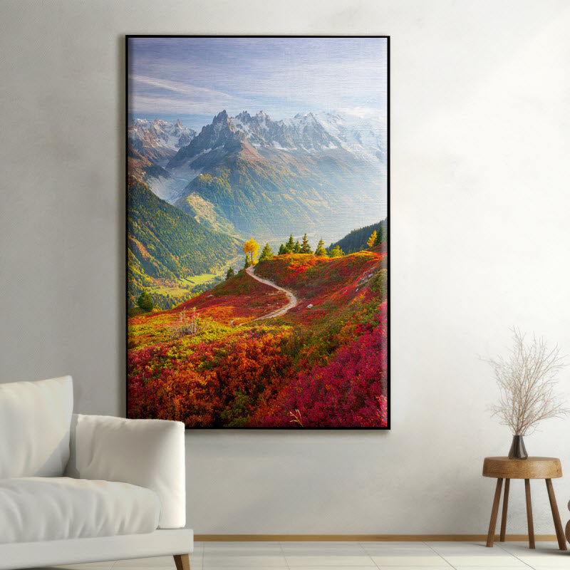 Textilspannrahmen mit Motiv: Roter Herbst mit Alpenausblick