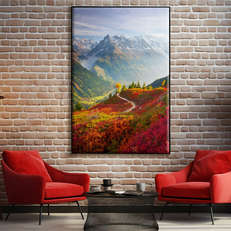 Textilspannrahmen mit Motiv: Roter Herbst mit Alpenausblick