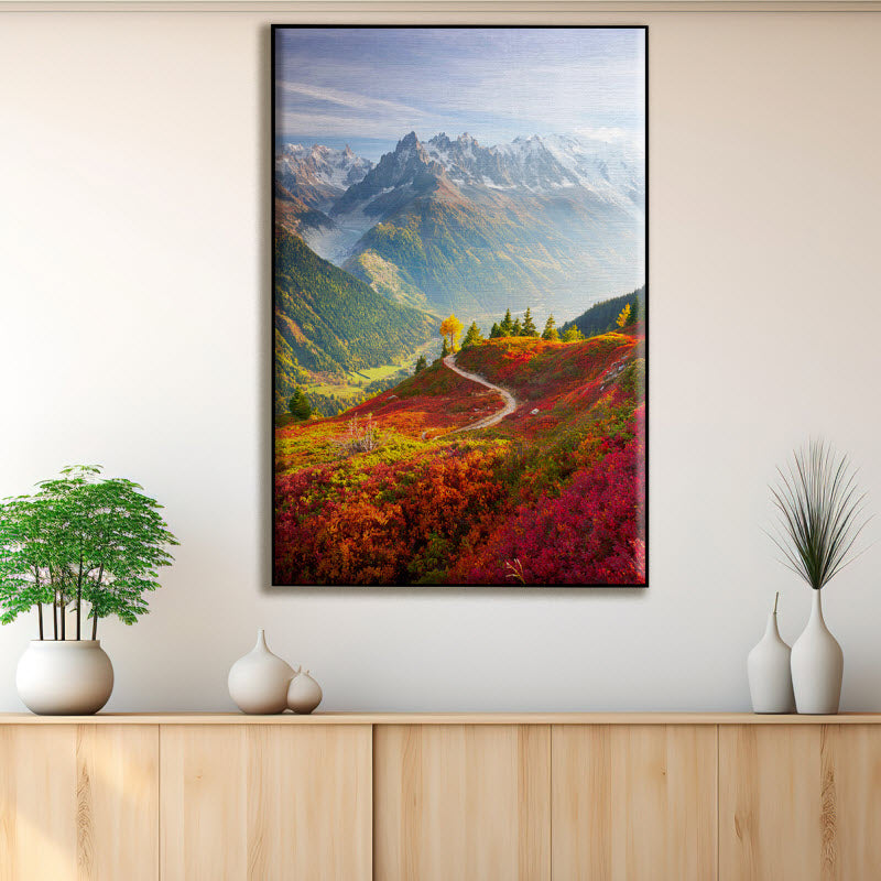 Textilspannrahmen mit Motiv: Roter Herbst mit Alpenausblick