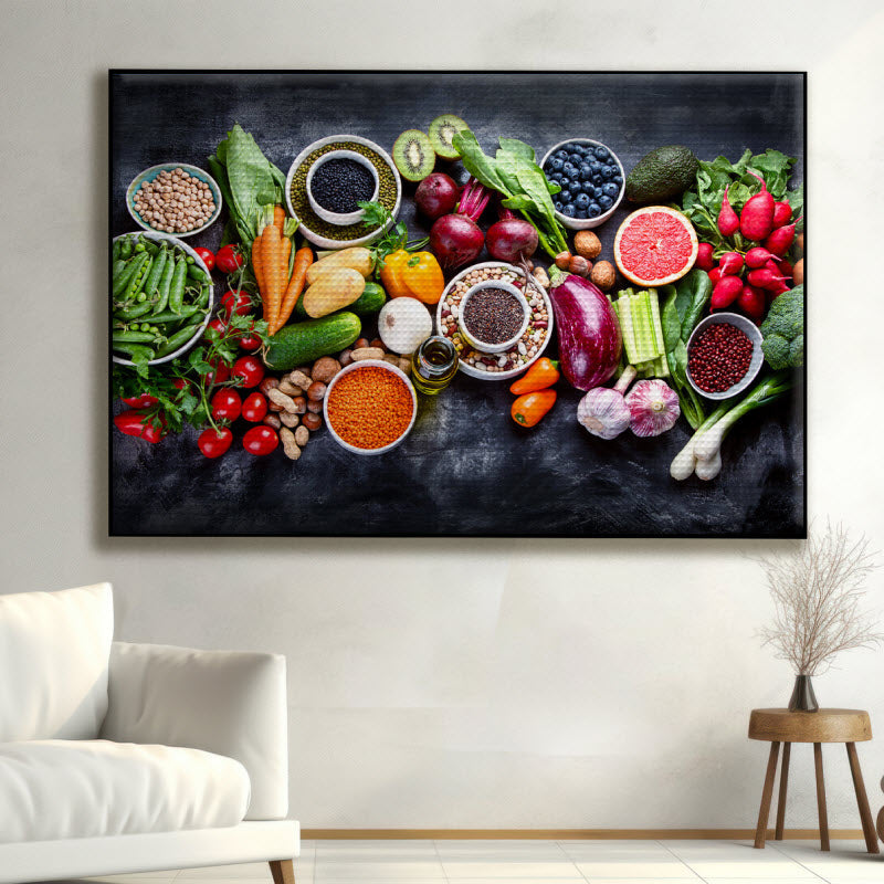 Akustikstoff mit Motiv: Obst Gemüse und Nüsse