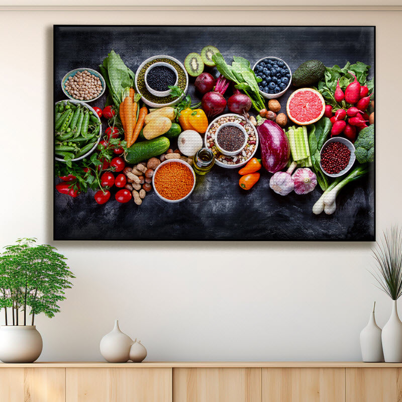 Akustikstoff mit Motiv: Obst Gemüse und Nüsse