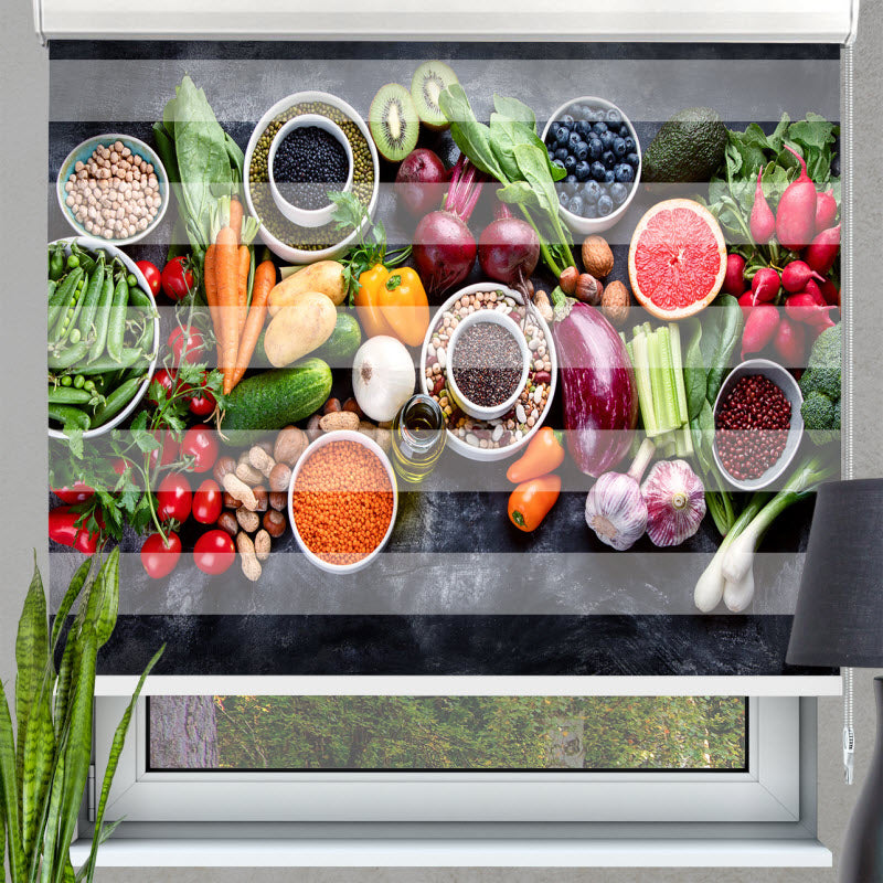 Doppelrollo mit Motiv: Obst Gemüse und Nüsse