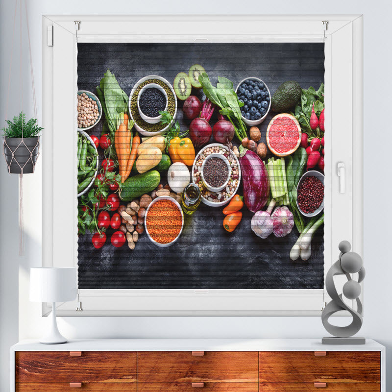 Wabenplissee mit Motiv: Obst Gemüse und Nüsse