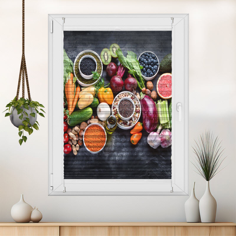 Wabenplissee mit Motiv: Obst Gemüse und Nüsse