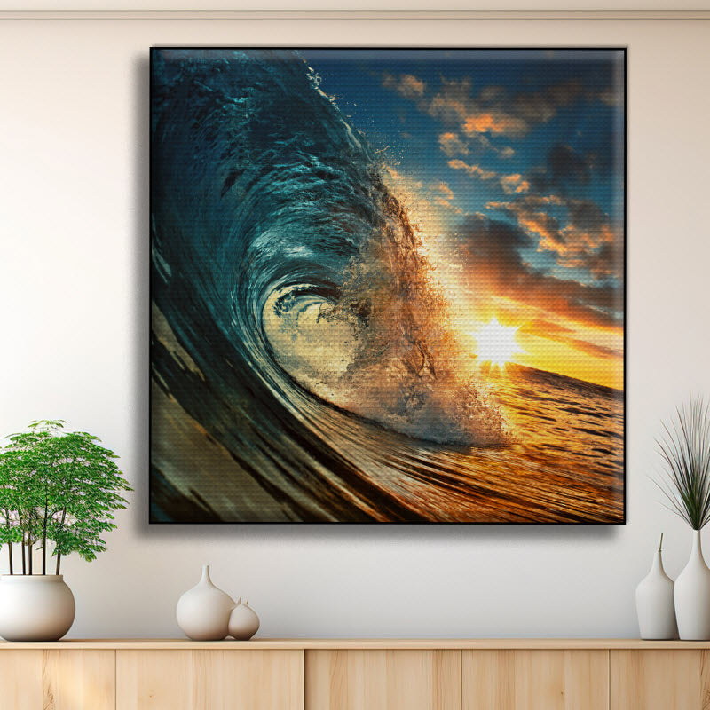 Akustikstoff mit Motiv: Meereswelle bei Sonnenuntergang