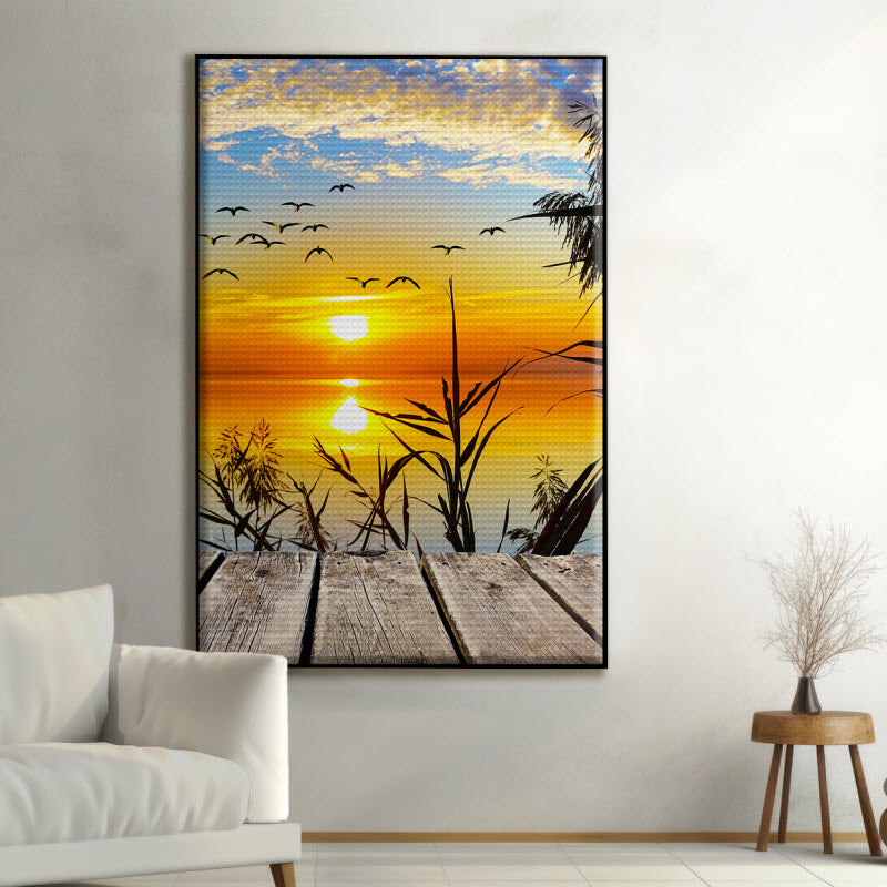 Akustikstoff mit Motiv: Sonnenuntergang am Steg