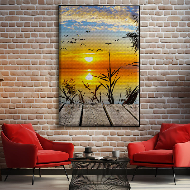 Akustikstoff mit Motiv: Sonnenuntergang am Steg