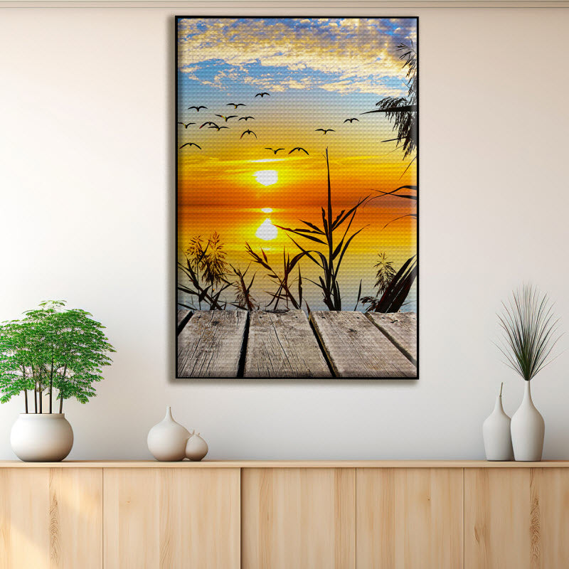 Akustikstoff mit Motiv: Sonnenuntergang am Steg