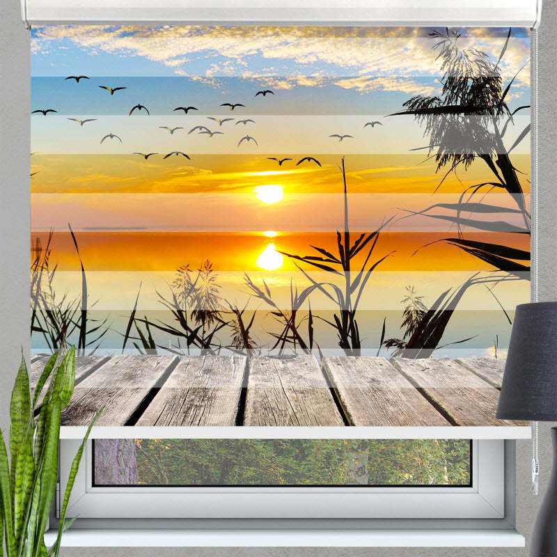 Doppelrollo mit Motiv: Sonnenuntergang am Steg