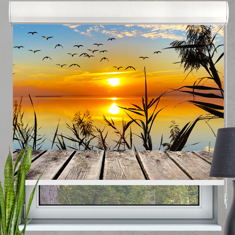 Kassettenrollo mit Motiv: Sonnenuntergang am Steg