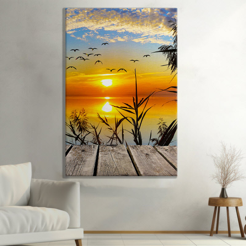 Leinwand mit Motiv: Sonnenuntergang am Steg