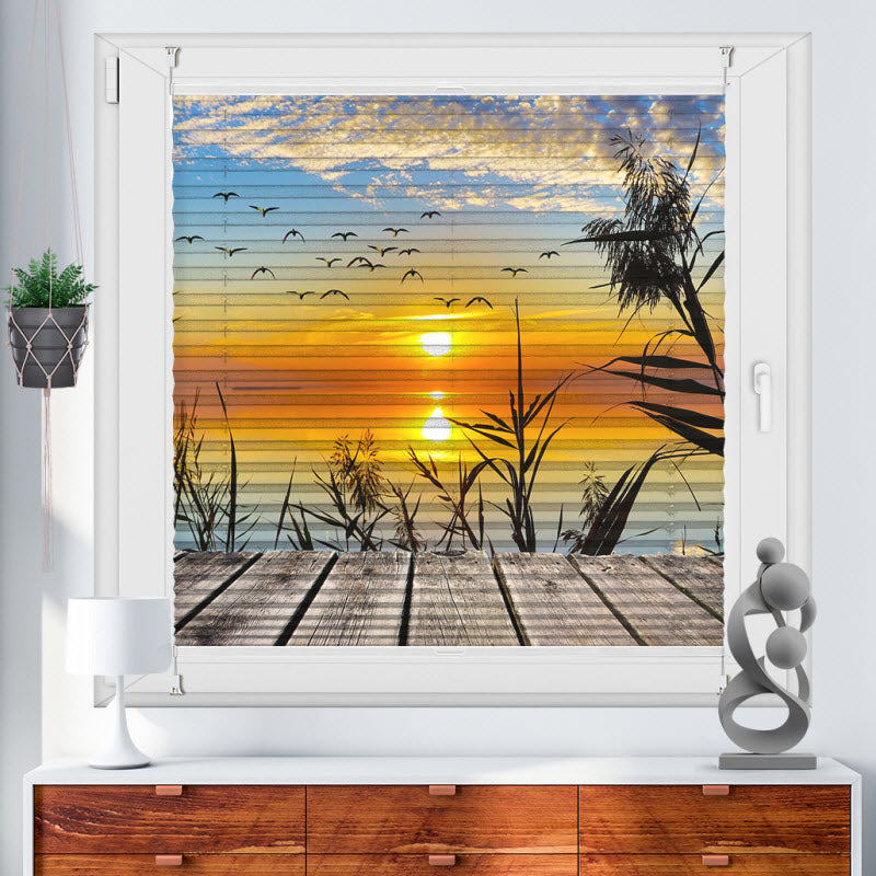 Wabenplissee mit Motiv: Sonnenuntergang am Steg