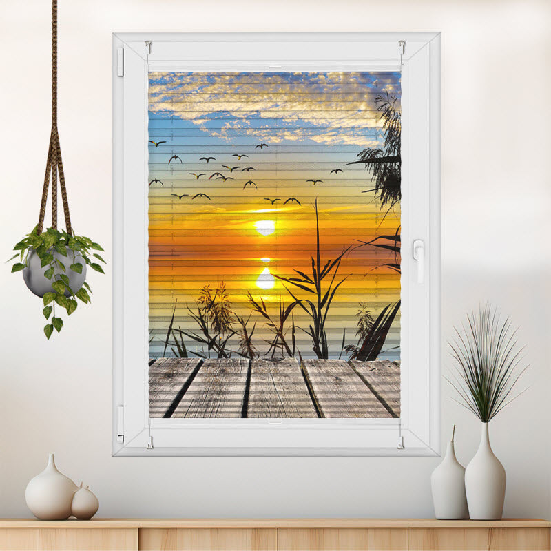 Plissee mit Motiv: Sonnenuntergang am Steg