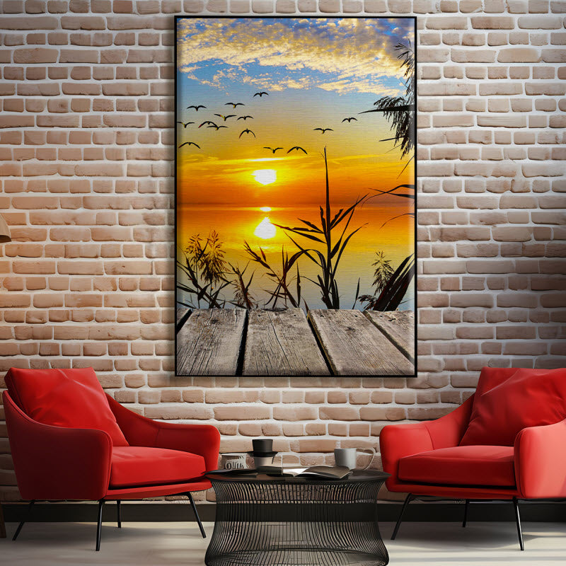 Textilspannrahmen mit Motiv: Sonnenuntergang am Steg