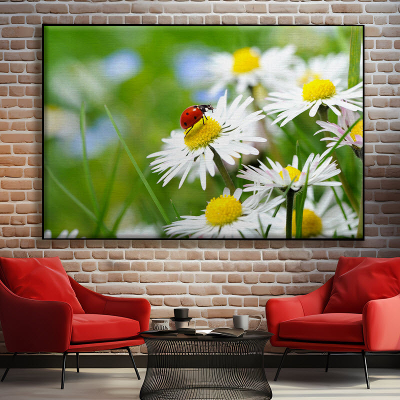 Textilspannrahmen mit Motiv: Marienkäfer auf Gänseblümchen