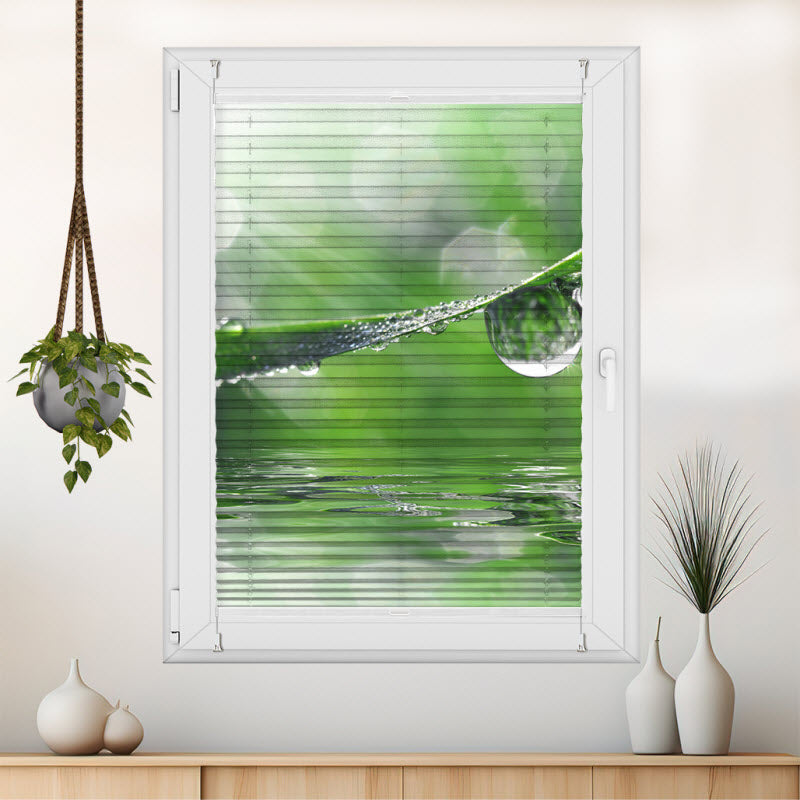 Wabenplissee mit Motiv: Wassertropfen auf Gras