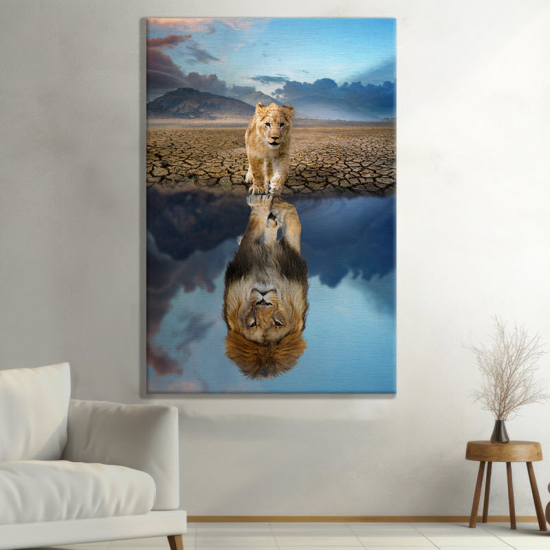 Leinwand mit Motiv: Löwenjunge Spiegelbild Löwenpapa