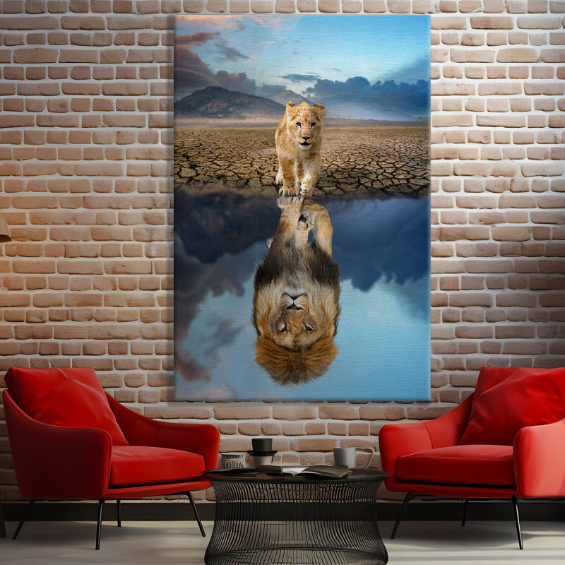 Leinwand mit Motiv: Löwenjunge Spiegelbild Löwenpapa