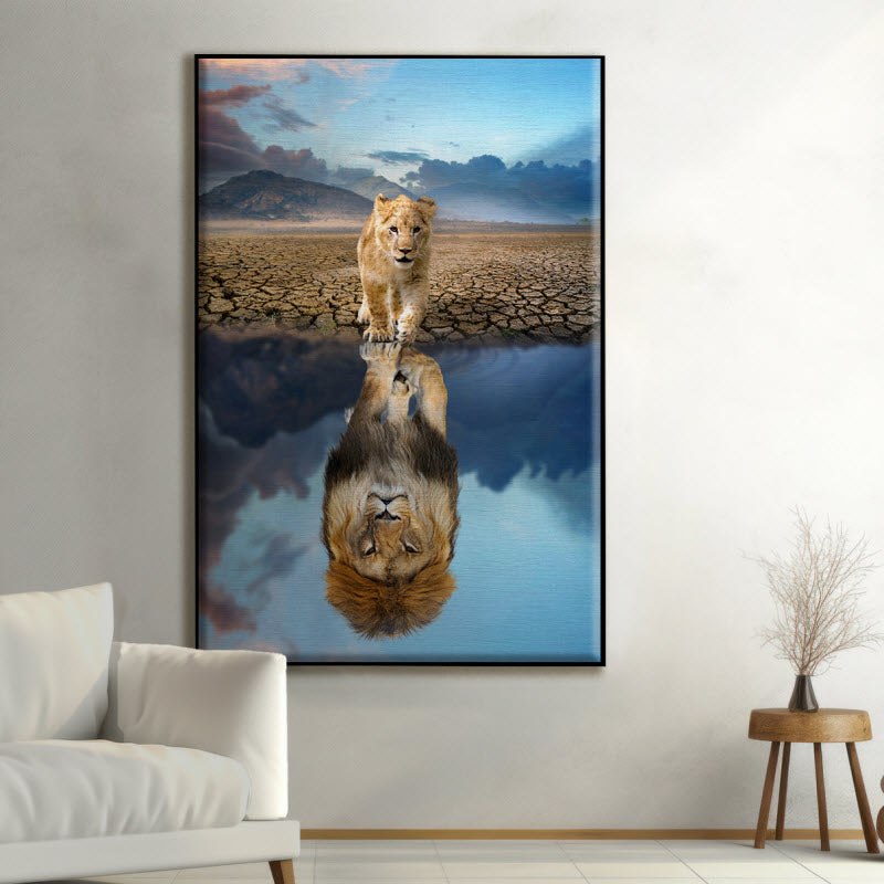 Textilspannrahmen mit Motiv: Löwenjunge Spiegelbild Löwenpapa