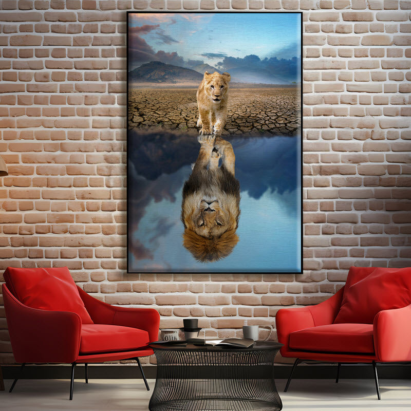 Textilspannrahmen mit Motiv: Löwenjunge Spiegelbild Löwenpapa