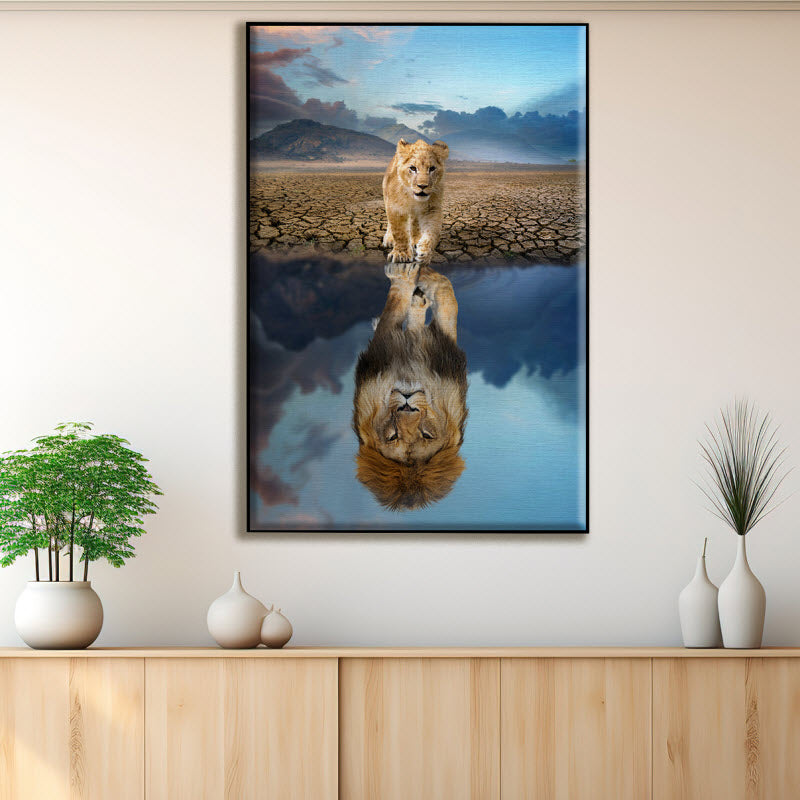 Textilspannrahmen mit Motiv: Löwenjunge Spiegelbild Löwenpapa