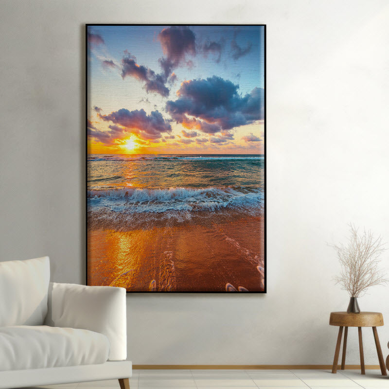 Textilspannrahmen mit Motiv: Sandstrand während dem Sonnenuntergang