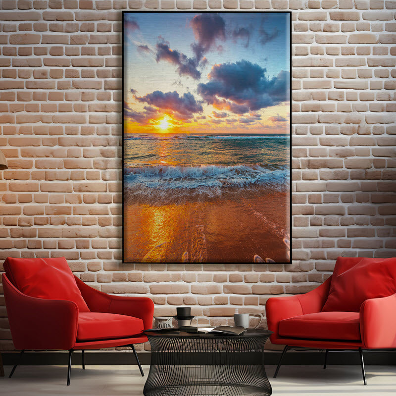 Textilspannrahmen mit Motiv: Sandstrand während dem Sonnenuntergang