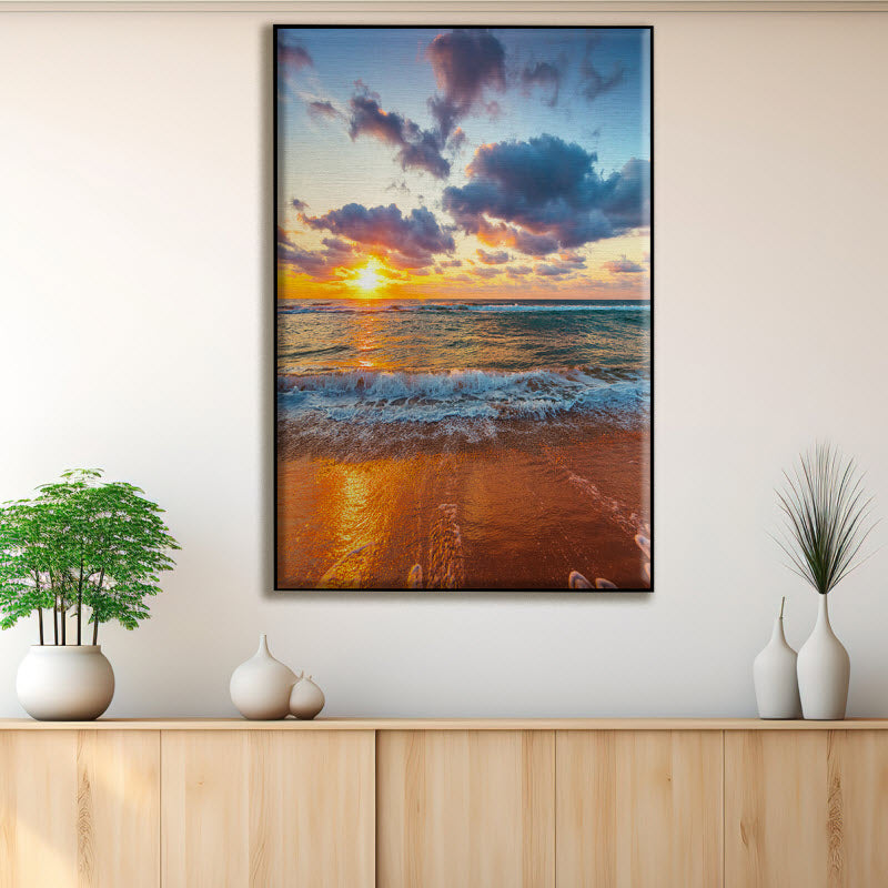 Textilspannrahmen mit Motiv: Sandstrand während dem Sonnenuntergang
