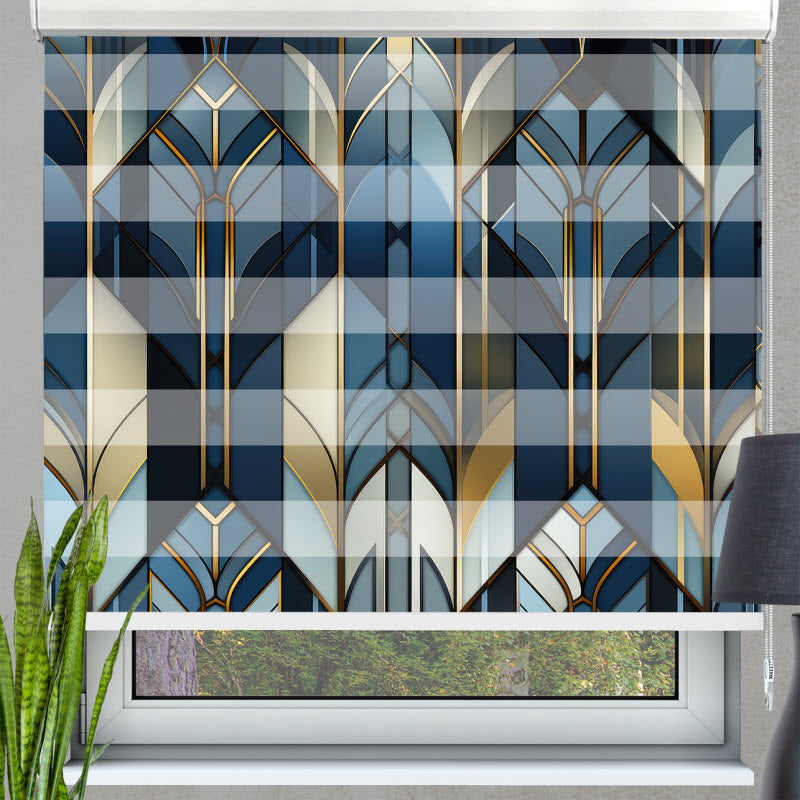 Doppelrollo mit Motiv: Gold-blau Geometrie