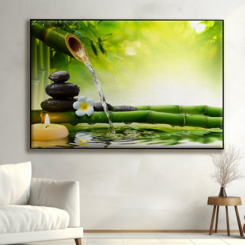 Textilspannrahmen mit Motiv: Bambus im Wasser mit Kerze